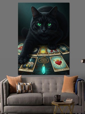 Karizma Tablo Siyah Panter Kara Kedi Tarot Kartları Dekoratif Kanvas - Mdf Ahşap Tablo