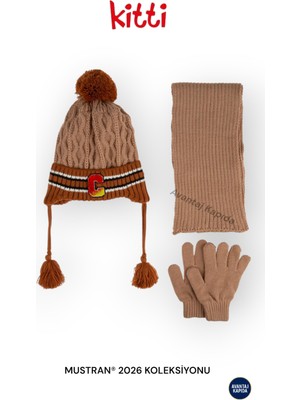 Mustran Kitti 4–8 Yaş Kız Erkek Çocuk Bere Atkı Eldiven 3’lü Kışlık Set | Polar İçli Triko | Yeni Sezon 2026