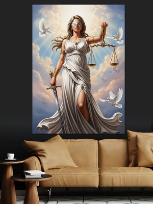Tablomega Adalet Terazi Kılıç Kadın ve Güvercin Dekoratif Kanvas - Mdf Ahşap Tablo