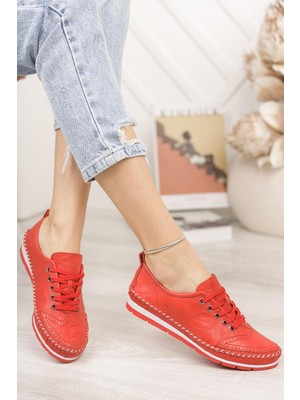 Tarçın Ayakkabı Hakiki Deri Kırmızı Kadın Deri Babet TRC116-0061