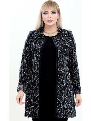 Ladies First Büyük Beden 4021 Siyah Gümüş Ceket+Bluz Takım