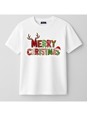 Mixxi Fashion Merry Christmas Baskılı Yılbaşı Yeni Yıl Konsept Kısa Kollu Unisex Çocuk Tişört (4-13 Yaş)