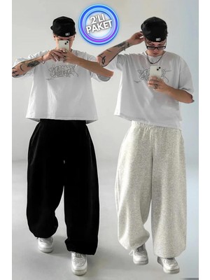 Vladivosto Iki Iplik Paçası Ayarlanabilir Lastikli Ekstra Bol Kalıp Yüksek Bel Baggy Oversize Eşofman Altı