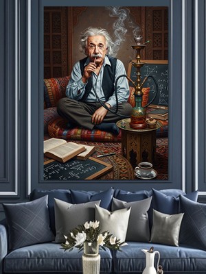 Artmeg Albert Einstein Nargile Içerken Dekoratif Kanvas - Mdf Ahşap Tablo