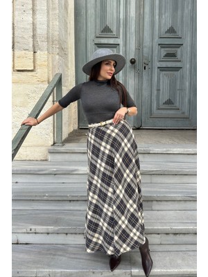 Magarde Ekose Desen Tasarım Verevli Etek- Ekru