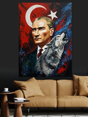Artmeg Türk Bayraklı Kurt Çizimi Atatürk Dekoratif Kanvas - Mdf Ahşap Tablo