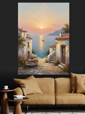 Artmeg Beyaz Taş Evler ve Deniz Yelkenli Manzara Dekoratif Kanvas - Mdf Ahşap Tablo