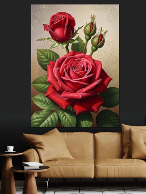 Artmeg Koyu Kırmızı Tek Gül Dekoratif Kanvas - Mdf Ahşap Tablo