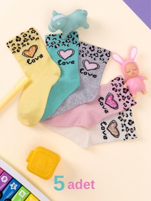 5 Çift Kalp & Leopar Desenli Bebek & Çocuk Çorabı Okul & Gündelik Çorap