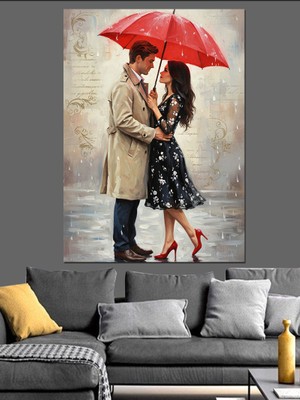 Artmeg Kırmızı Şemsiye Romantik Çift Dekoratif Kanvas - Mdf Ahşap Tablo