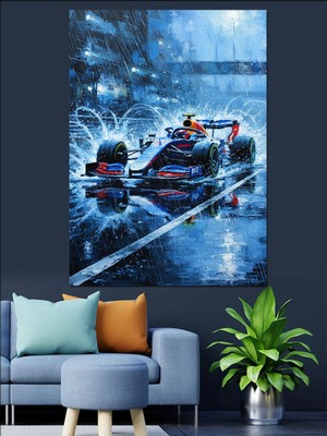 Artmeg Yağmurda F1 Araba Yarışı Dekoratif Kanvas - Mdf Ahşap Tablo