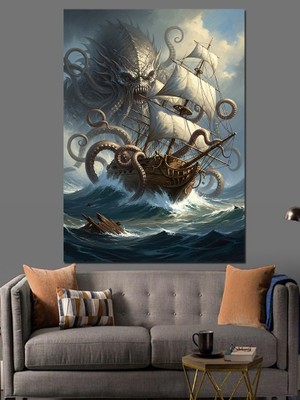 Artmeg Dev Ahtapot ve Yelkenli Gemi Dekoratif Kanvas - Mdf Ahşap Tablo