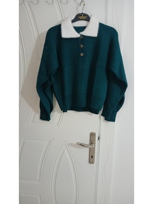 Heba Butik Peluş Yaka Triko Crop Model Triko Kazak