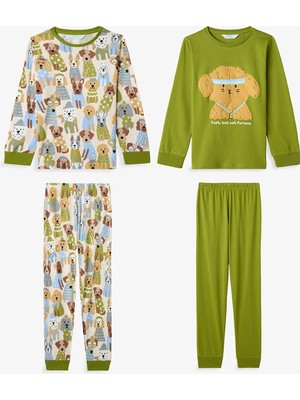 Penti Yağ Yeşili Erkek Çocuk Runner Dog Uzun Kollu Pamuklu 2'li Pijama Takımı