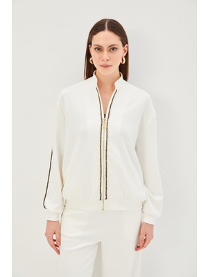 Allyco Şerit Detaylı Dik Yakalı Regular Örme Sweatshirt