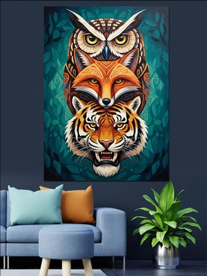 Artmeg Kızgın Tilki Kaplan ve Baykuş Suratı Maskesi Dekoratif Kanvas - Mdf Ahşap Tablo