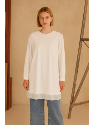 Kadın Ön ve Arka Şifon Detay Uzun Kollu Içi Penye Içlik Tunik