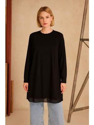 Kadın Ön ve Arka Şifon Detay Uzun Kollu Içi Penye Içlik Tunik