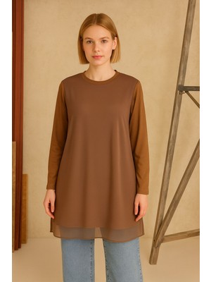 Kadın Ön ve Arka Şifon Detay Uzun Kollu Içi Penye Içlik Tunik