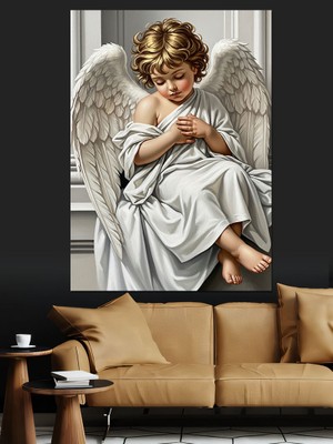 Artmeg Beyaz Çocuk Melek Heykeli Kanatlı Dekoratif Kanvas - Mdf Ahşap Tablo