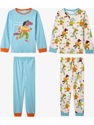 Penti Ekru Erkek Çocuk Look Retro Uzun Kollu Pamuklu 2'li Pijama Takımı