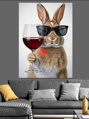 Artmeg Şaraplı Tavşan Güneş Gözlüklü Dekoratif Kanvas - Mdf Ahşap Tablo