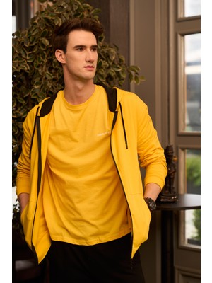 Defy's Arda Erkek %100 Pamuk 2 İplik Şardonsuz Oversize Kapüşonlu Fermuarlı Sarı Sweatshirt