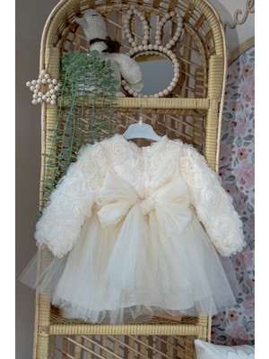 Alyra Kids Kız Bebek Elbise Uzun Kollu Fiyonklu 3D Gül Aplikeli Doğum Günü Parti Düğün Özel Gün Pamuk Elbise