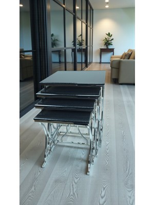 Fursimo Arden Elite 4'lü Kare Zigon Sehpa Seti –krom Renk Ayak - Siyah Mermer Desen Mdf