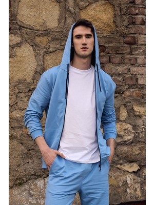 Defy's Arda Erkek %100 Pamuk 2 İplik Şardonsuz Oversize Kapüşonlu Fermuarlı Mavi Sweatshirt