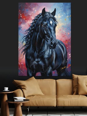 Artmeg Siyah At Güçlü Görkemli Dekoratif Kanvas - Mdf Ahşap Tablo