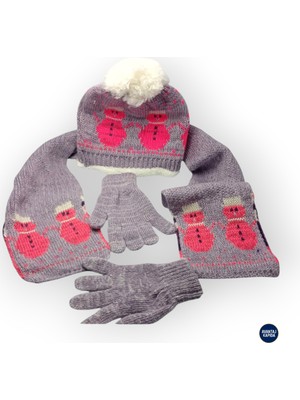 Mustran İçi Kürklü 4-8 Yaş Çocuk Bere Eldiven Atkı 3lü Set Kulakçıklı Örgü Polar Kışlık Sıcak