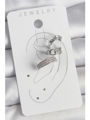 Al-Kar Ticaret Pirinç Gümüş Renk Zirkon Taşlı 3'lü Zincir Sarmal Model Kadın Kıkırdak Küpe - Lisinya