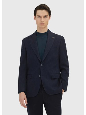 Ramsey Açık Lacivert Desenli Zeroweight Slim Fit Yün Karışımlı Ceket