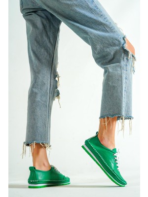 Tarçın Hakiki Deri Yeşil Kadın Deri Babet TRC116-0061