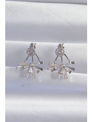 Pirinç Gümüş Renk Zirkon Taşlı Yassı Fiyonk Model Küpe - Lisinya