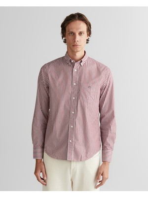 Gant Erkek Bordo Regular Fit Düğmeli Yaka Çizgili Poplin Gömlek 3000130.604
