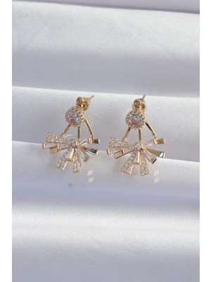 Pirinç Gold Renk Zirkon Taşlı Yassı Fiyonk Model Küpe - Lisinya