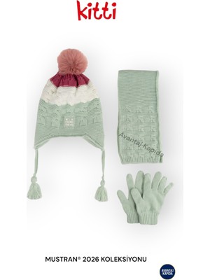 Mustran Kitti 4–8 Yaş Kız Erkek Çocuk Bere Atkı Eldiven 3’lü Kışlık Set | Polar İçli Triko | Yeni Sezon 2026