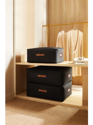 Ocean Home Textile 3'lü Siyah Renk Jüt Baza Altı Hurç Set 1 Adet 52 x 28 x 21 / 2 Adet 62 x 46 x 22 cm