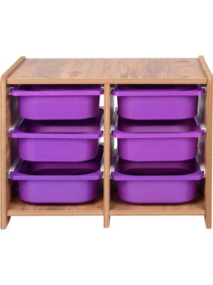 Bees Store 18MM Mdf Ceviz Çocuk Odası Dolabı, Lila Çekmeceli 6’lı Düzenleyici Ünitesi 75X45X60