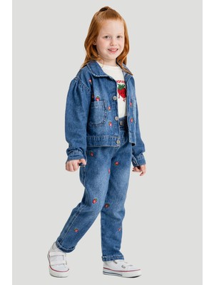 Cansın Mini Kırmızı Çilek Nakışlı Jean Ceketli Pantolonlu Kız Çocuk 3lü Takım 23430