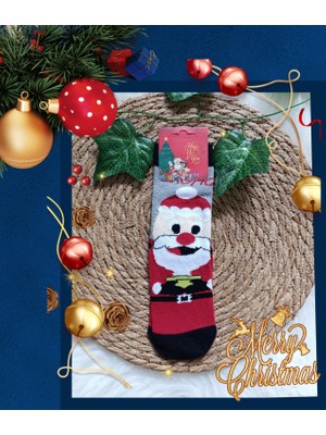  yılbaşı noel desen çocuk soket çorap 7-9 yaş siyah-gri 1 adet