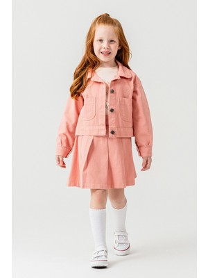 Cansın Mini Somon Papatya Nakışlı Ceketli Kız Çocuk Jean Ceketli 3lü Takım 23433