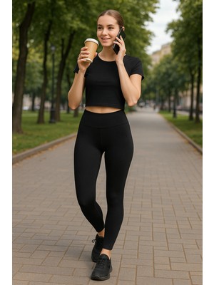 Kadın Siyah Yüksek Bel Toparlayıcı Tayt Yüksek Kalite Spor ve Günlük Kullanı - ER001Y-53FHW