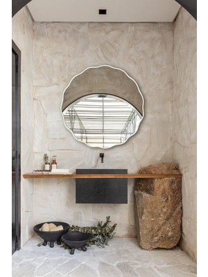 Faw Decor Şık Asimetrik Papatya Ahşap Çerçeveli Banyo Lavabo Duvar Aynası