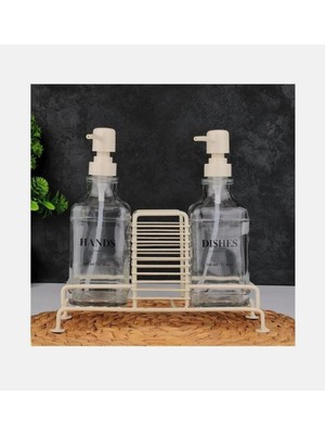 Skygo Sıvı Sabunluk 2 Li Metal Stant Lı Cam Ahşap Kulplu Sabunluk