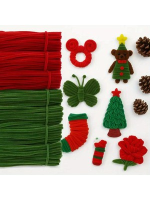 Hobialem 100'LÜ Şönil Seti Tüylü Tel , 50 Adet Kırmızı 50 Adet Haki Yeşil Yılbaşı Temalı Eğitici Şönil Seti