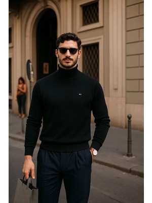 Comstar Erkek Kışlık Basic Slim Fit Uzun Siyah Kazak