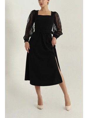 Modayız Kadın Siyah Krep Kumaş Kemerli Uzun Tül Kol Kare Yaka Midi Boy  Elbise 1C-4376